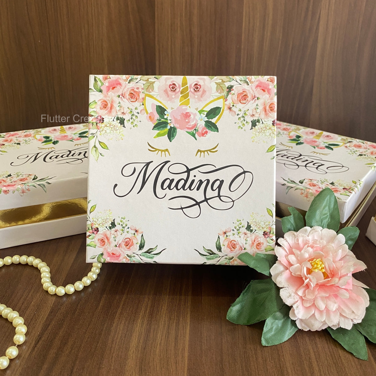 Printed Box with Golden Base - Baby Girl Announcement Hardboard Box