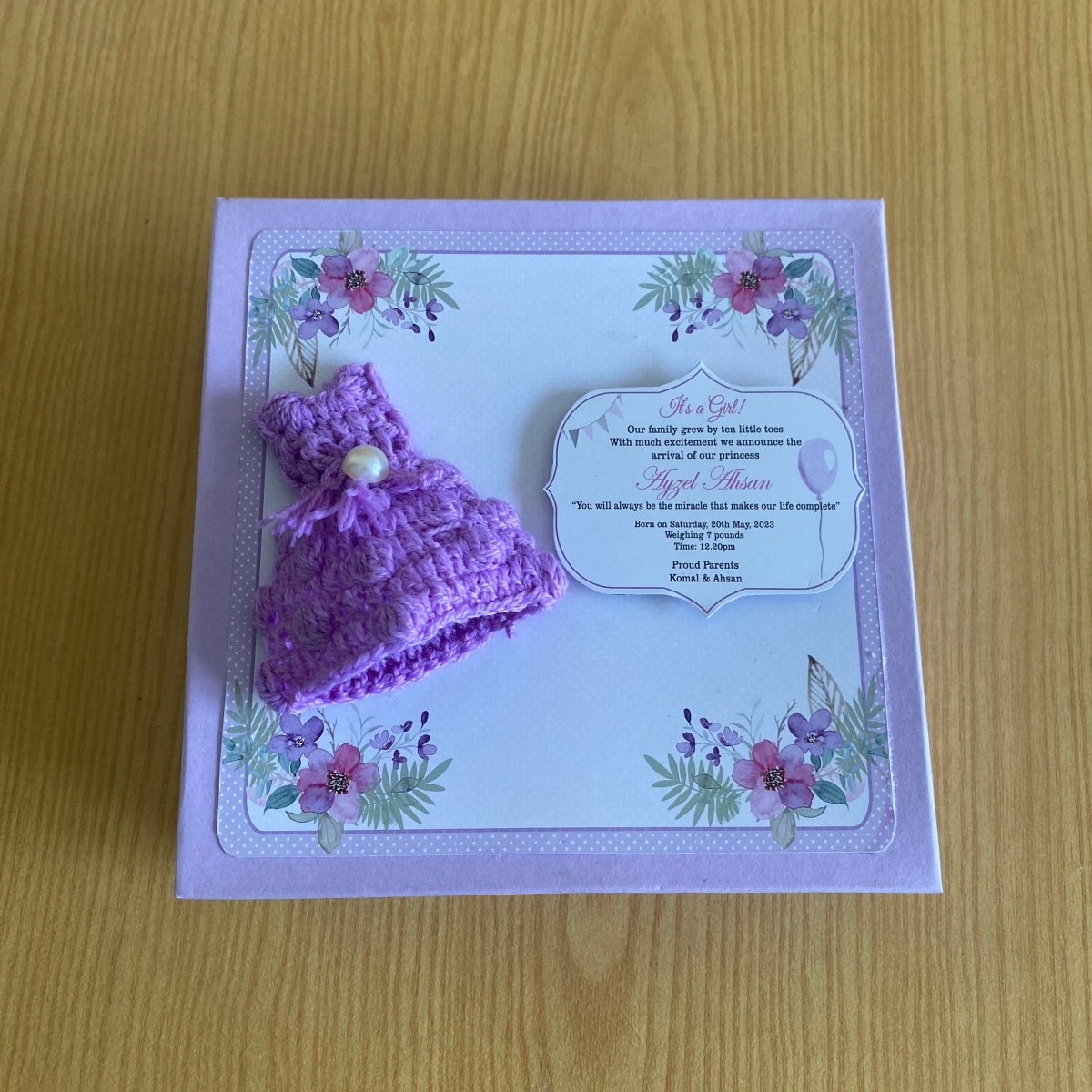 Purple Crochet Dress - Baby Girl Announcement Hardboard Box