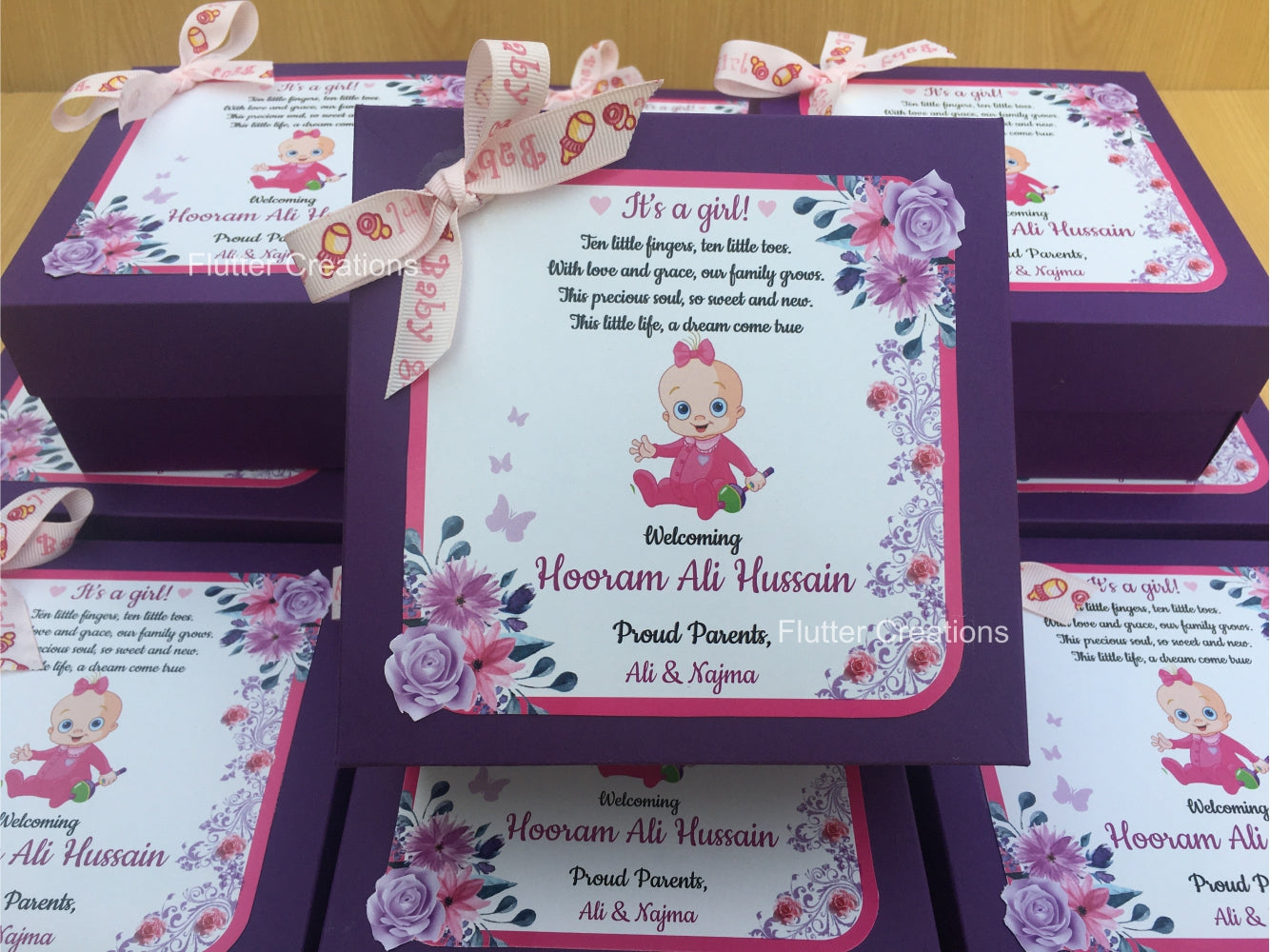 Baby Girl Announcement Box - Purple with top Print
