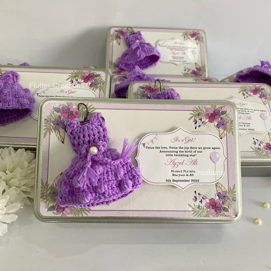 Purple Crochet - Baby Girl Announcement Tin Metal Box