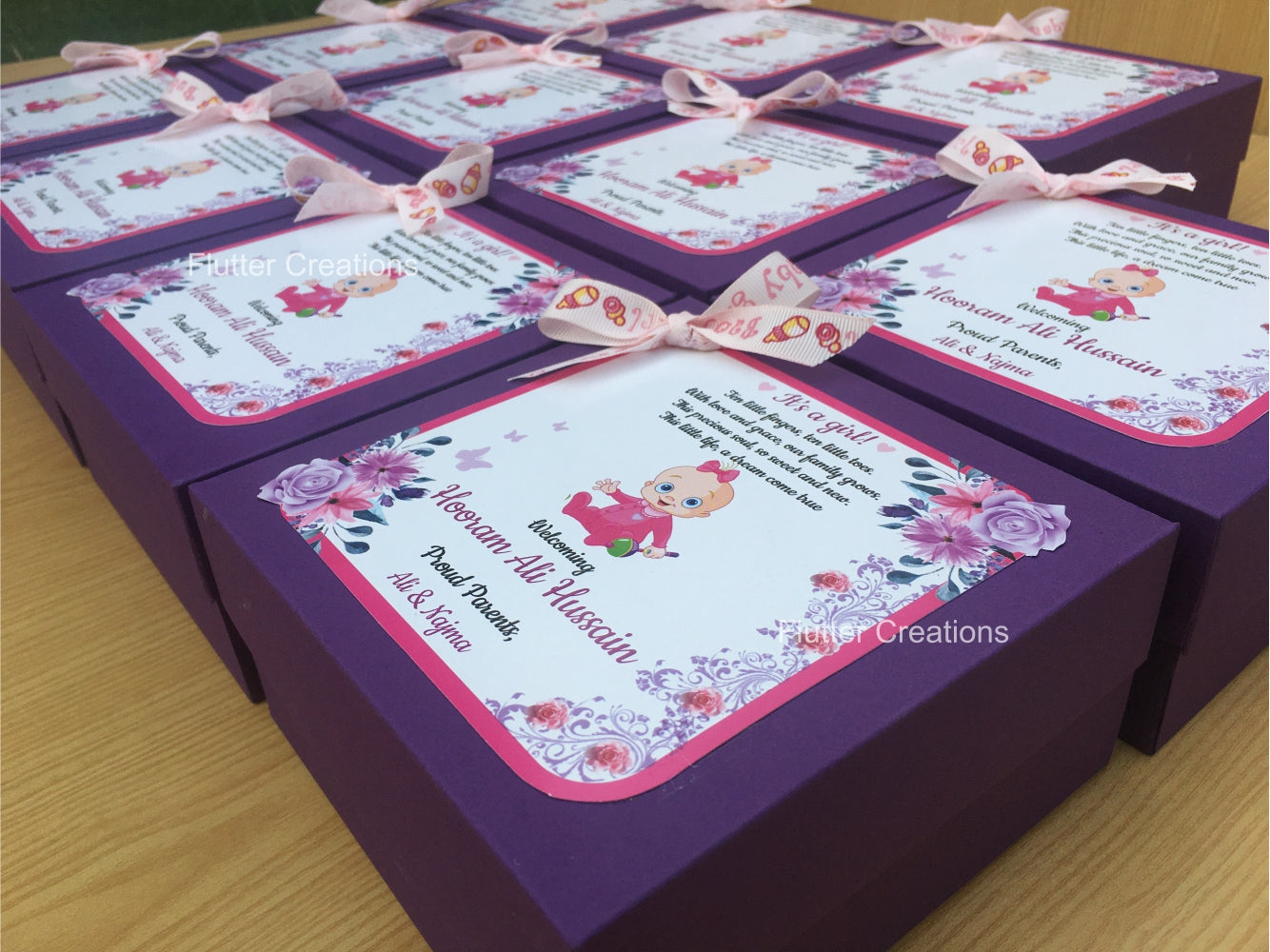 Baby Girl Announcement Box - Purple with top Print