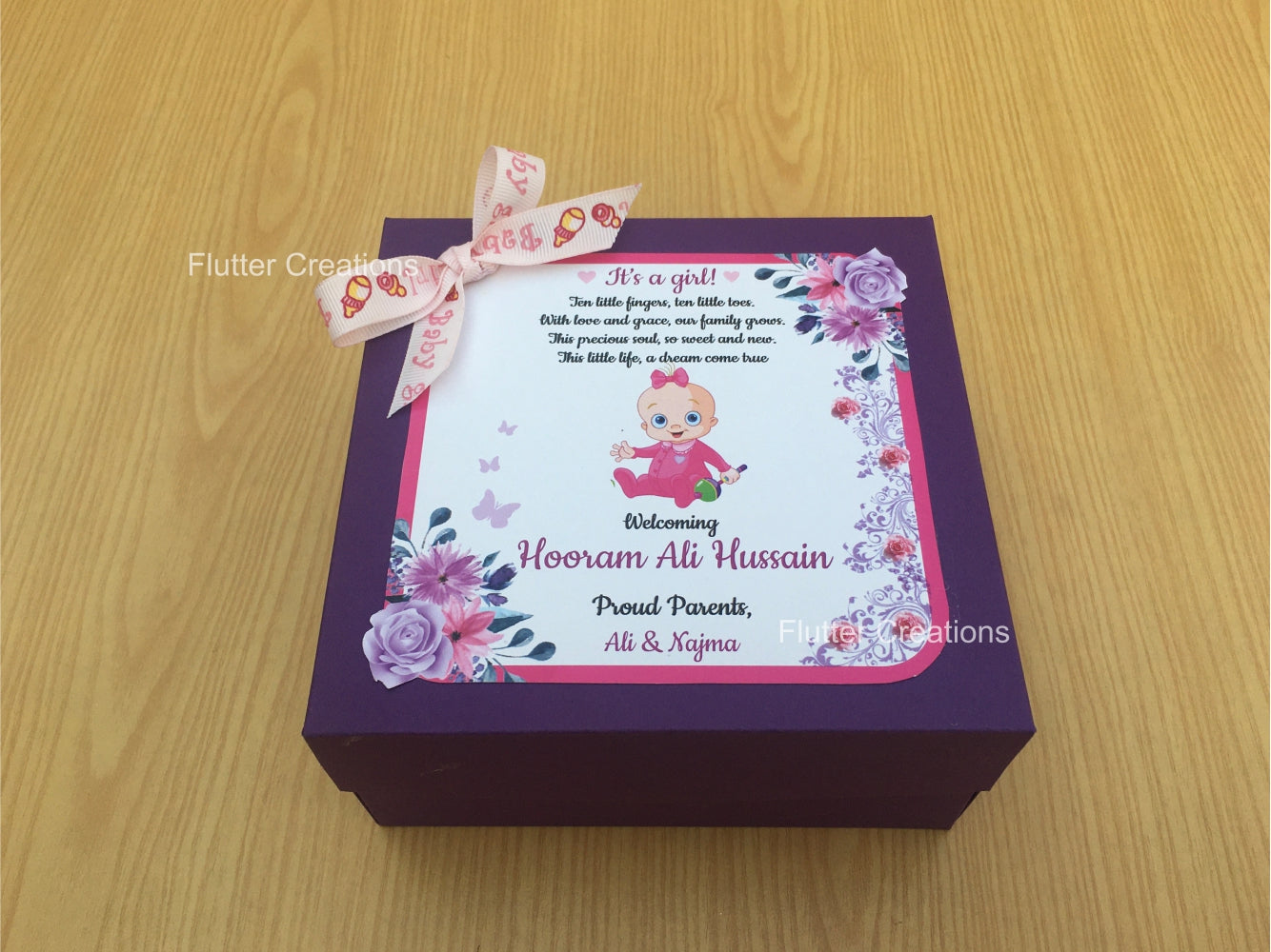 Baby Girl Announcement Box - Purple with top Print