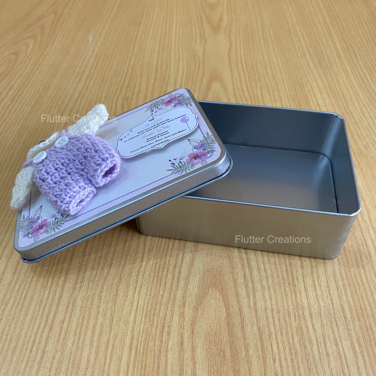 Purple Crochet - Baby Girl Announcement Tin Metal Box