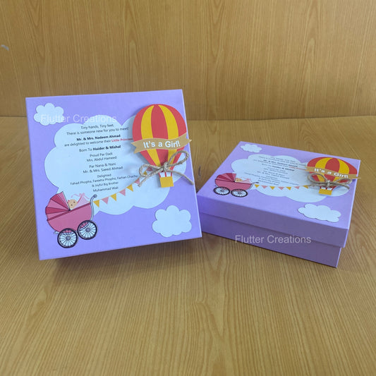 Purple Hot Air Balloon - Baby Girl Announcement Hardboard Box