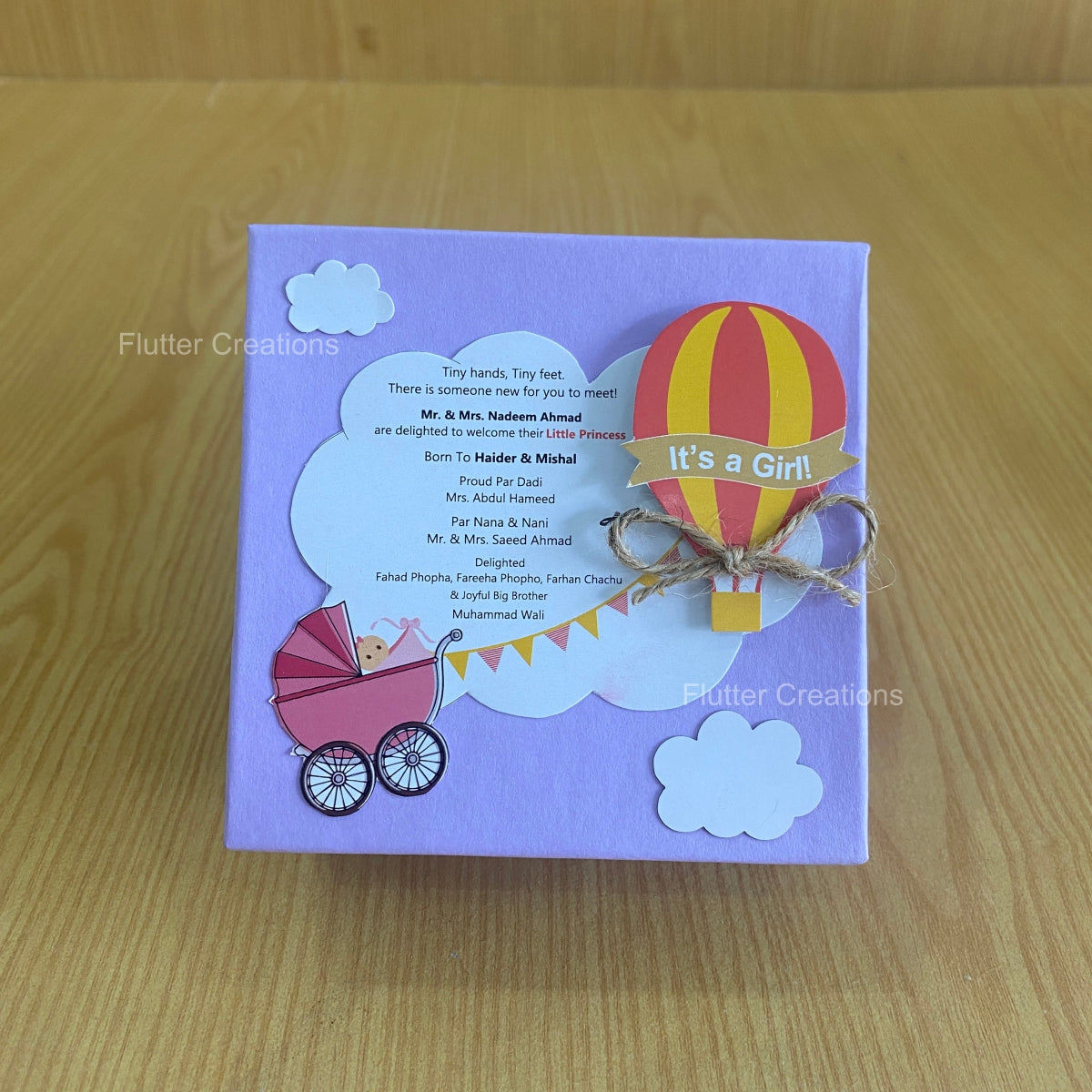 Purple Hot Air Balloon - Baby Girl Announcement Hardboard Box