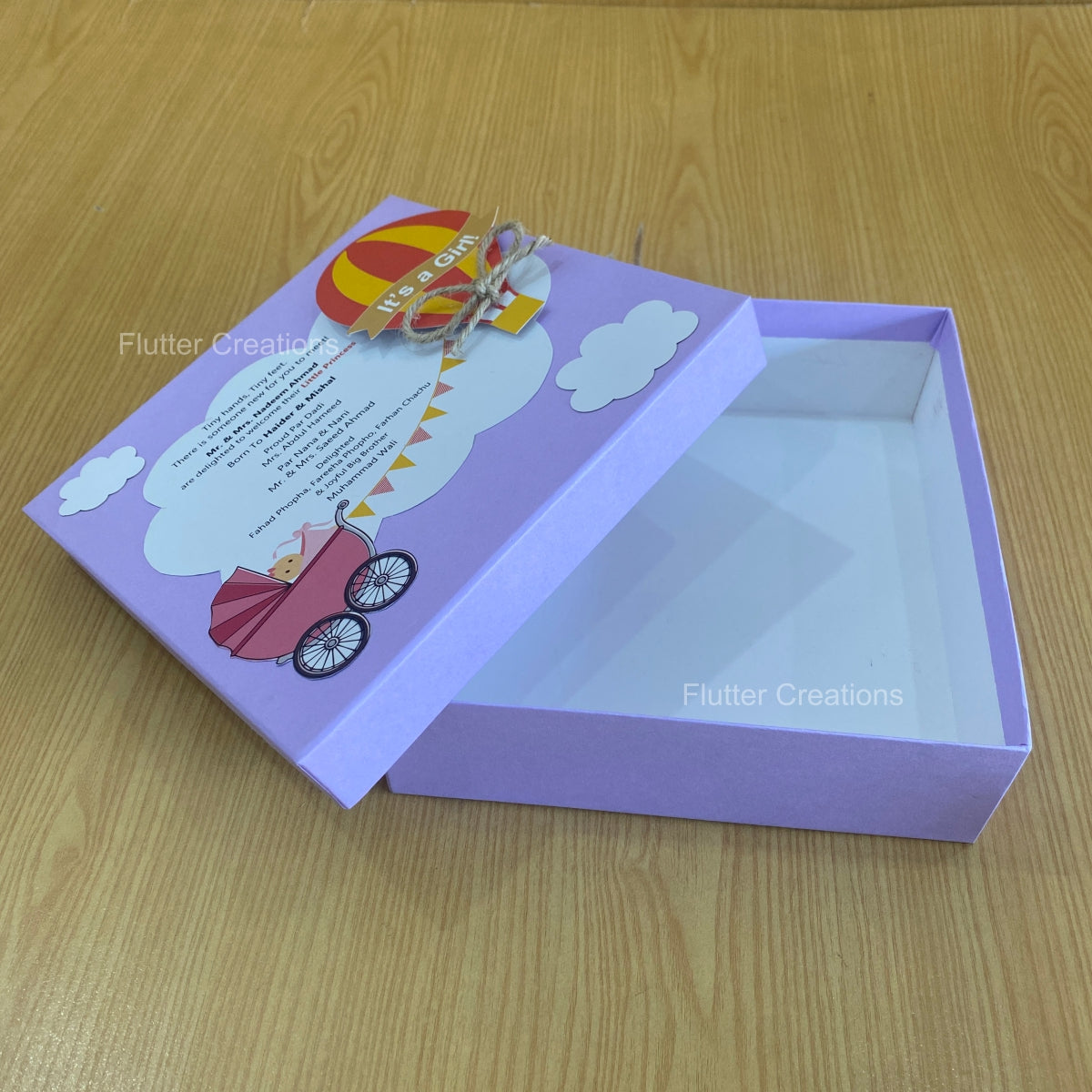 Purple Hot Air Balloon - Baby Girl Announcement Hardboard Box