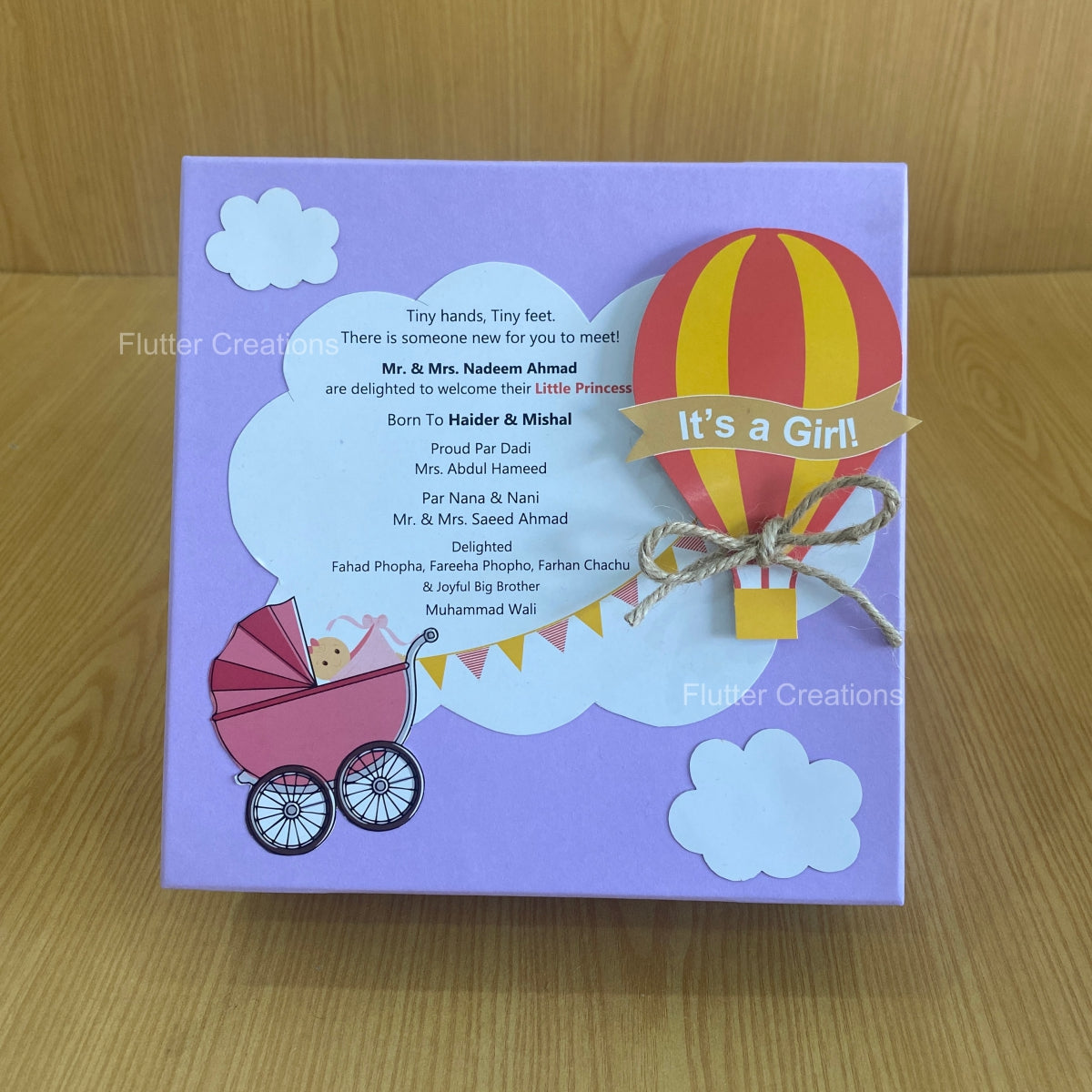 Purple Hot Air Balloon - Baby Girl Announcement Hardboard Box