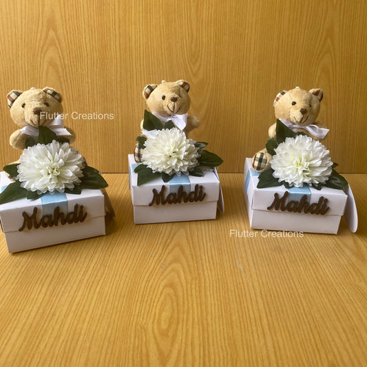 Baby Boy Announcement Box - Teddy bear with Flower & Wooden Name