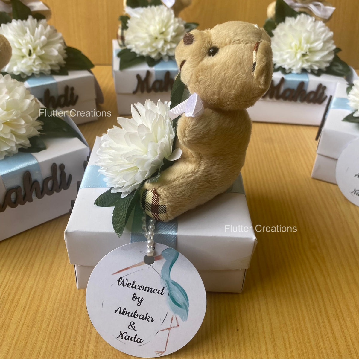 Baby Boy Announcement Box - Teddy bear with Flower & Wooden Name