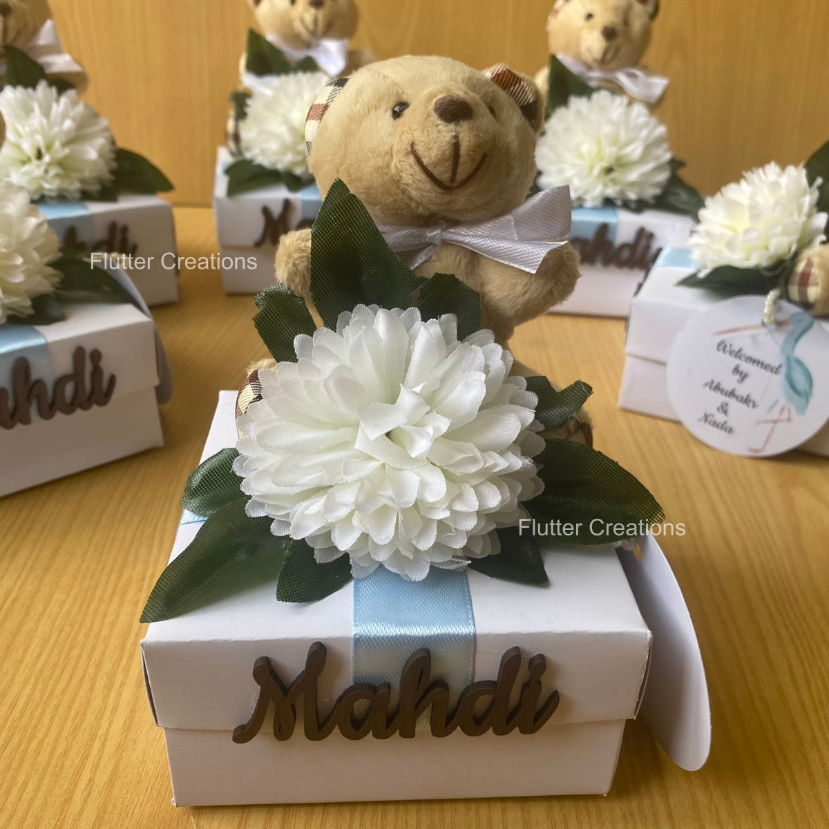 Baby Boy Announcement Box - Teddy bear with Flower & Wooden Name