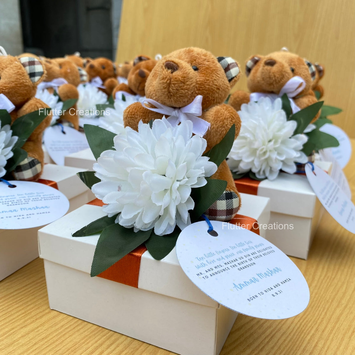 Baby Boy Announcement Box - Teddy bear with Flower & Wooden Name