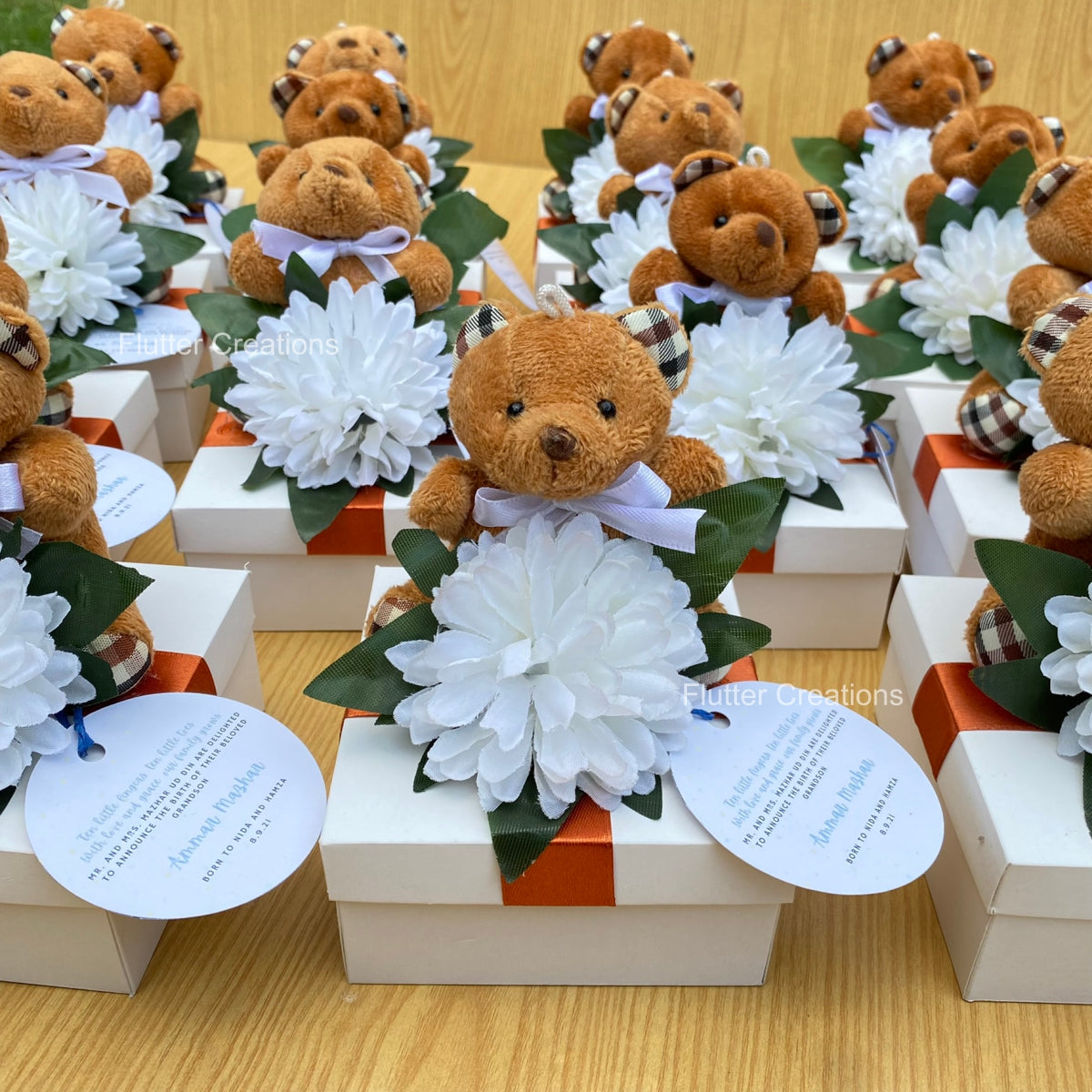 Baby Boy Announcement Box - Teddy bear with Flower & Wooden Name