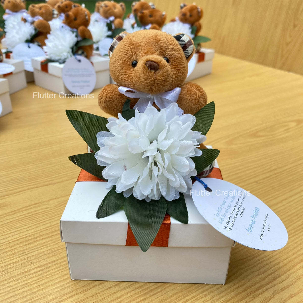 Baby Boy Announcement Box - Teddy bear with Flower & Wooden Name