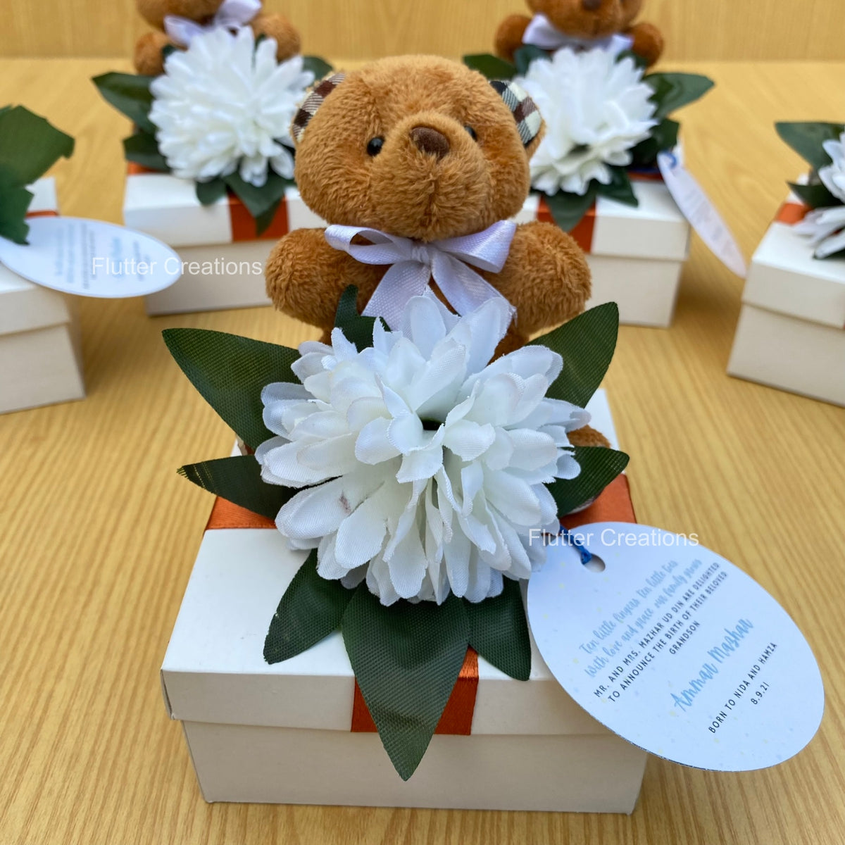 Baby Boy Announcement Box - Teddy bear with Flower & Wooden Name